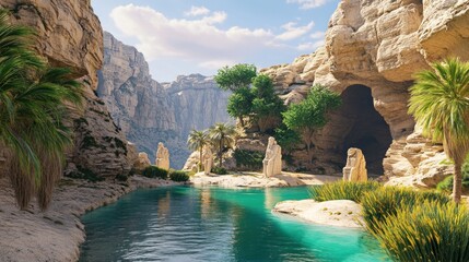 Scenic canyon landscape with water and rock formations