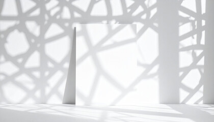 Modern sculpture stands alone in brightly lit architectural space with complex shadow patterns on walls and floor.