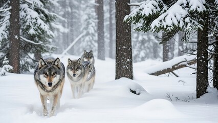 Two gray wolves in snowy forest.