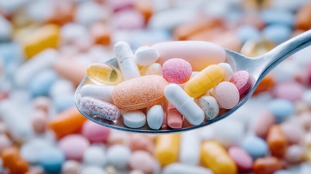 Medication Spoonful: A close-up view presents a vibrant spoonful of medication, highlighting the various shapes and hues of assorted pills and capsules, representing health and wellness.