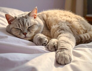 Close-up of a resting, tabby-patterned feline basking in sunlight