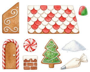 Gingerbread House Parts Watercolor Illustration