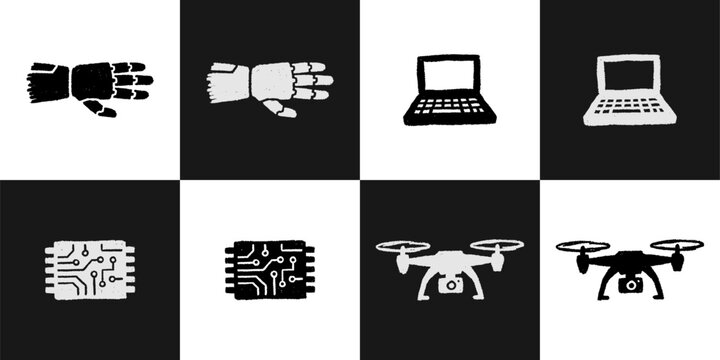 Vector Set of 4, hand-drawn Technology Icons: Robotic Hand, Laptop, Circuit Board, and Drone
