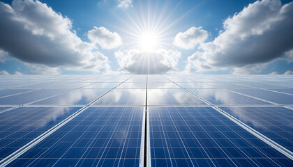 Infinite Blue Solar Field Mirror Sky: Photovoltaic Panels Cloud Reflection Sun
