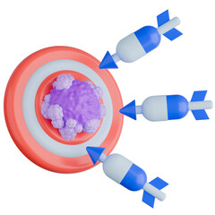 3D medical illustration showing cancer drug capsules shaped like arrows surrounding tumor cell with red target symbol. Represents precision medicine and targeted therapy.