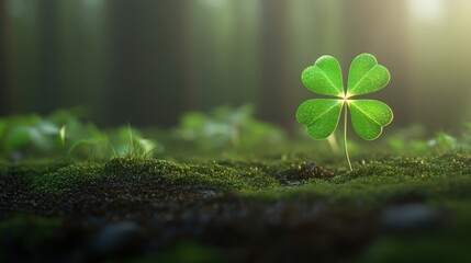 A four-leaf clover stands alone on a mossy forest floor, illuminated by soft sunlight in a peaceful woodland setting.