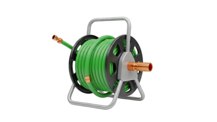 Green Garden Hose on a Metal Reel