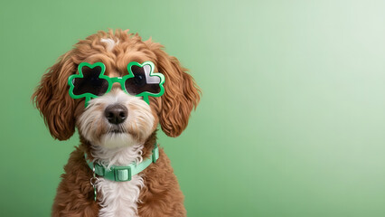 Cute dog wearing green shamrock sunglasses and collar transparent background