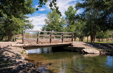 Old wooden bridge over river Kyzylshin and floodplain poplar forest. Altai republic.