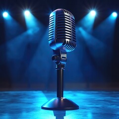 Vintage microphone on stage with spotlights