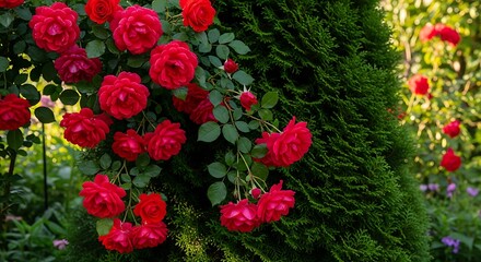 Vibrant red roses climb a dense, dark green evergreen shrub in a sunlit garden setting