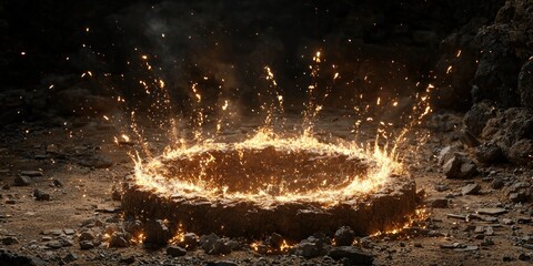 A circular portal erupts with fiery energy, sparkling and illuminating a rocky environment