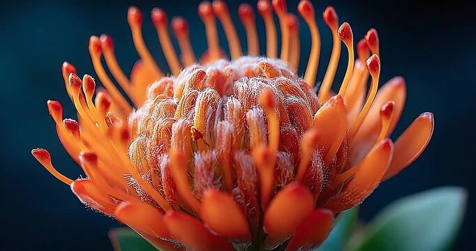 Macro Video Clip of a Vibrant Orange Pincushion Protea Flower Blooming in Slow Motion with Detailed Stamens and Petals against a Dark Blue Background, Cinematic Close-up Footage