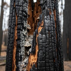 Charred trunk of a large tree displays vivid orange glowing cracks after a forest fire