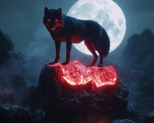 Wolf on a rock silhouette under moonlight