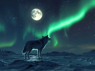 Wolf under aurora borealis at night