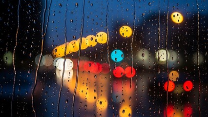Rainy night city traffic lights blur.