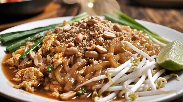 Close up of a plate of pad thai with vegetables and peanuts on wooden table