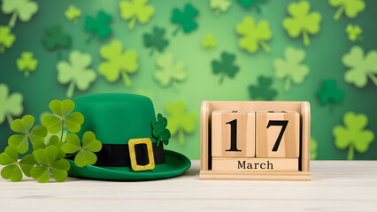 St Patricks Day celebration with green hat and clover transparent background