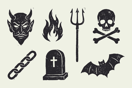 Vintage Grunge Devil and Horror Icon Set with Skull, Bat, and Trident Symbols