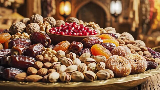 Close up of assorted dried fruits and nuts arranged on a decorative platter