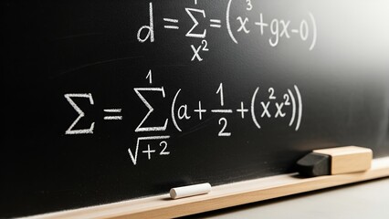 Handwritten mathematical equations and formulas in white chalk on a black chalkboard with a piece of chalk and eraser