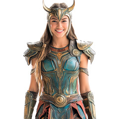 Front view mid body shot of a person in Sif costume smiling isolated on a white transparent background