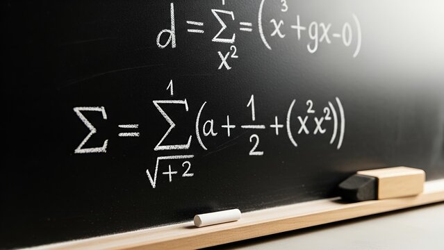 Handwritten mathematical equations and formulas in white chalk on a black chalkboard with a piece of chalk and eraser - Powered by Adobe