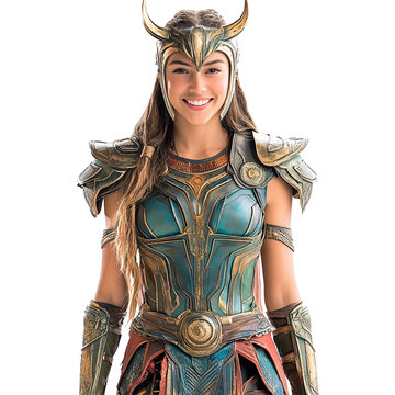 Front view mid body shot of a person in Sif costume smiling isolated on a white transparent background
