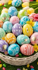 Abundant collection of vibrantly decorated holiday eggs rests within a woven container set upon green turf