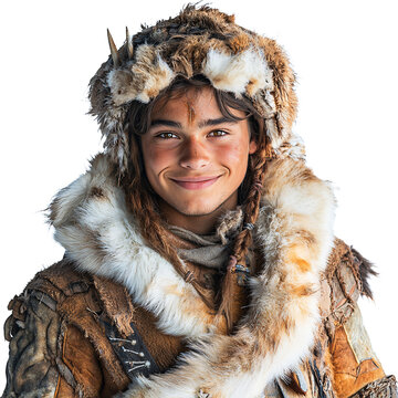Front view mid body shot of a person in Skadi costume smiling isolated on a white transparent background