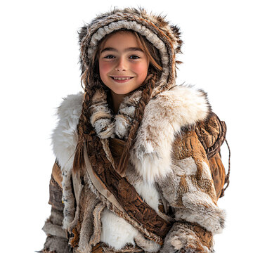 Front view mid body shot of a person in Skadi costume smiling isolated on a white transparent background