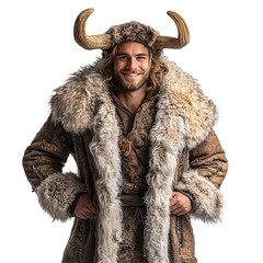 Front view mid body shot of a person in Ullr costume smiling isolated on a white transparent background