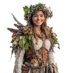 Front view mid body shot of a person in Yggdrasill costume smiling isolated on a white transparent background