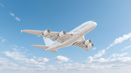 Obraz premium A large white airplane flying ,The background is dominated by a pale azure blue sky, sunset.