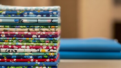 Stack of colorful fabric rolls.