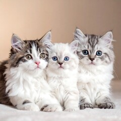Three adorable fluffy kittens posing together indoors, showcasing their unique markings and captivating eyes.