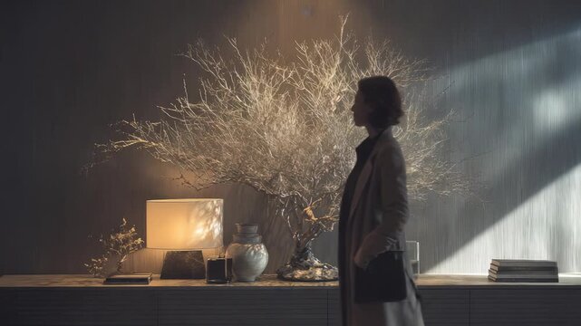 Stylish woman in beige coat stands near modern sideboard decorated with minimalist vases, books, dramatic dried tree branch. Soft sunlight streams through window, creating serene ambiance