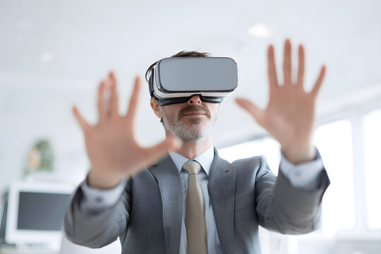 Businessman in a suit wearing VR headset and gesturing with hands in a modern office - Powered by Adobe