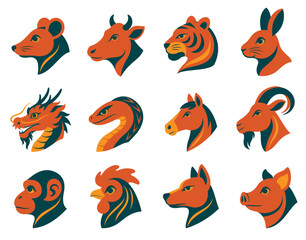 Set of Stylized Animal Head Icons in Flat Modern Vector Style Chinese Zodiac Design