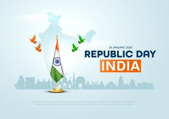 26 January Happy Republic Day Background Design with indian flag Template Illustration, 77th Indian Republic Day for poster, banner, card.