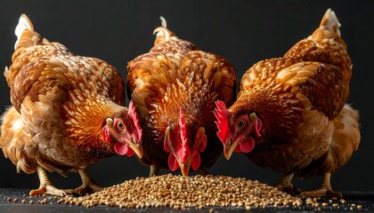 Three Brown Chickens Eating Grain on a Dark Background.
