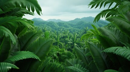 Dense tropical jungle with lush green foliage and distant mountains under a cloudy sky.
