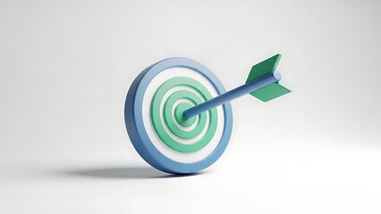 Target with arrow hitting bullseye isolated on white background representing success, accuracy, achievement, business goals, and strategic focus