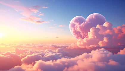 Fototapeta premium Heart shaped cloud glowing in the soft pink and purple sky at sunset, romantic dreamy atmosphere, love and imagination concept, and beautiful heavenly background.