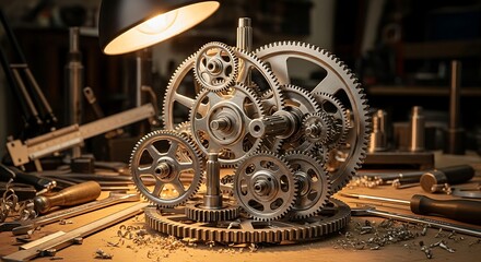 Intricate assembly of polished metal mechanisms sits illuminated on a workbench in a dimly lit workshop environment