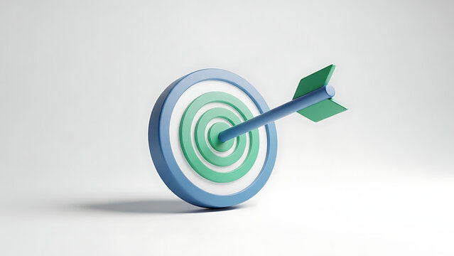 Target with arrow hitting bullseye isolated on white background representing success, accuracy, achievement, business goals, and strategic focus