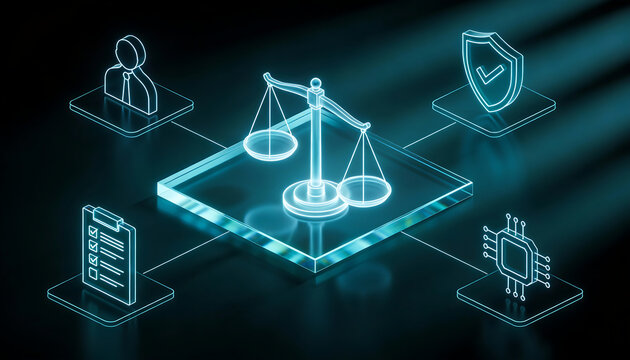 Futuristic isometric illustration of artificial intelligence ethics and digital governance with glowing holographic scale of justice connected to security shield and microchip icons - Powered by Adobe