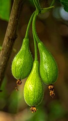 Three Green Avocados Hanging on a Tree Branch in Natural Light.