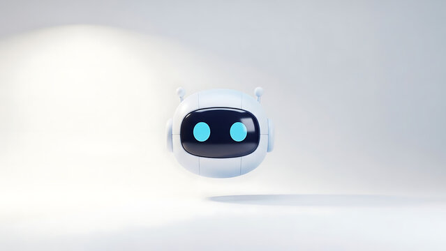Cute futuristic robot head with glowing eyes isolated on white background symbolizing artificial intelligence, friendly technology, and innovation concept